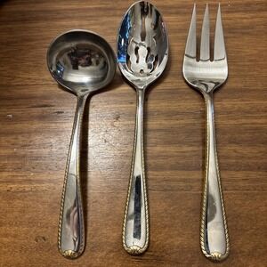 Gorham Golden Ribbon Edge Stainless Hostess Serving Fork, Pierced Spoon, Ladle